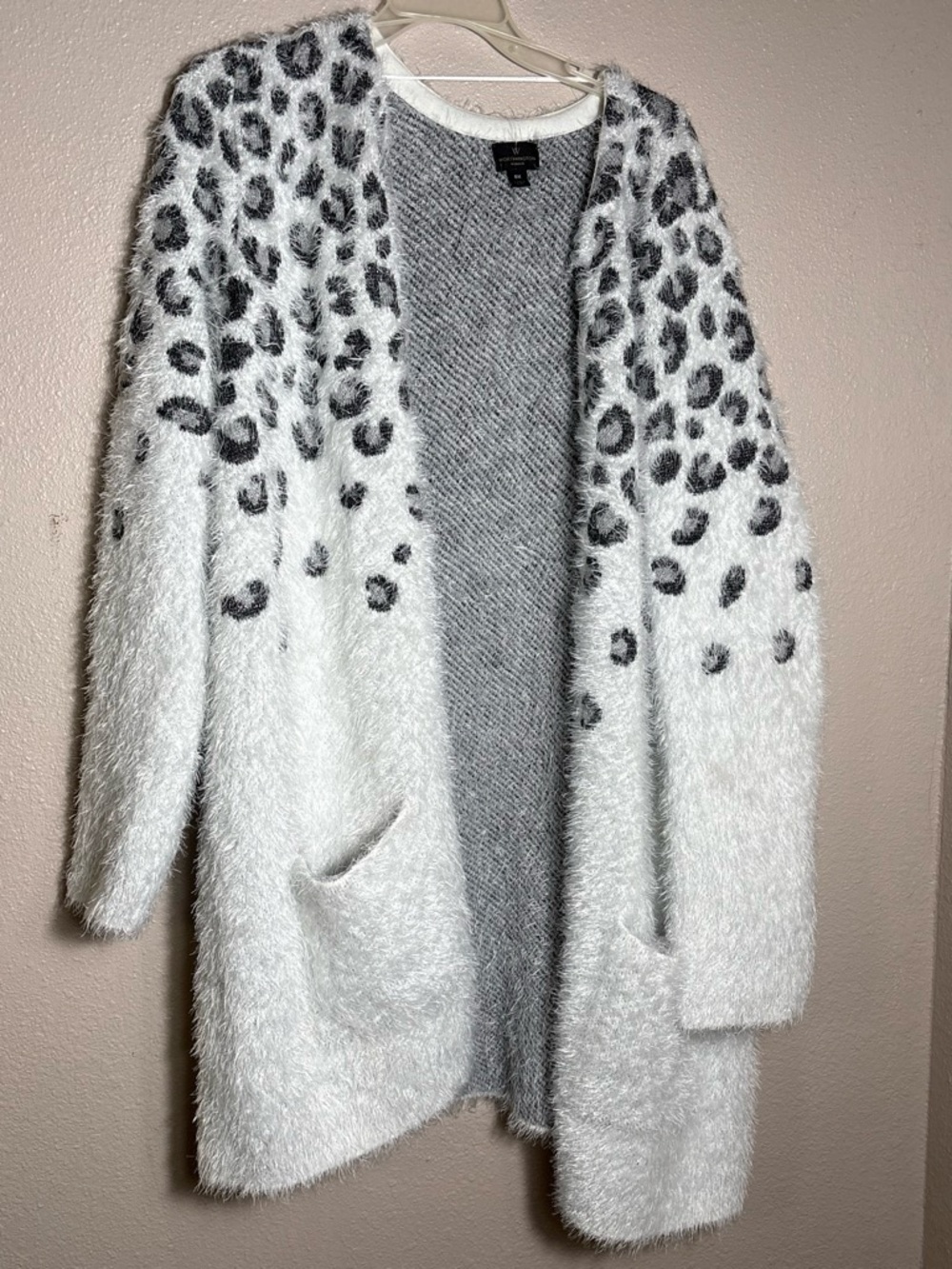 Worthington White Fuzzy Leopard-Print Open Cardigan